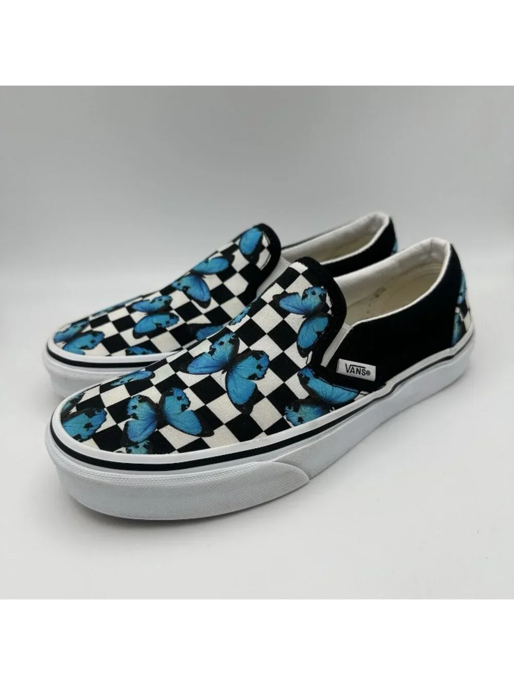 Vans Women 7 Classic Slip On Sneakers Butterfly Checkerboard Black Blue Skate